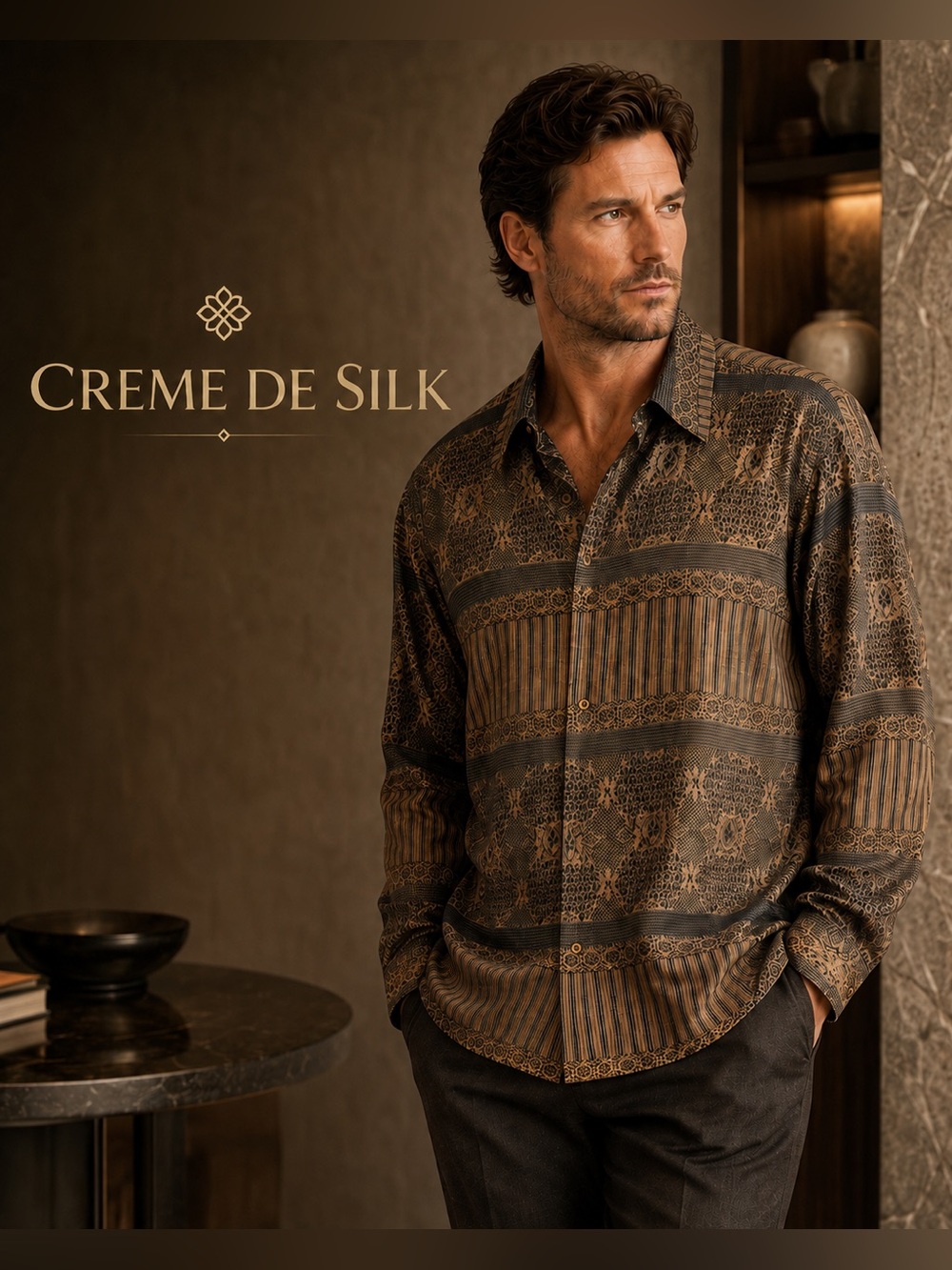 Vintage Creme de Silk Men’s Brown Black Sheer Lace Button-Up Shirt Long Sleeve